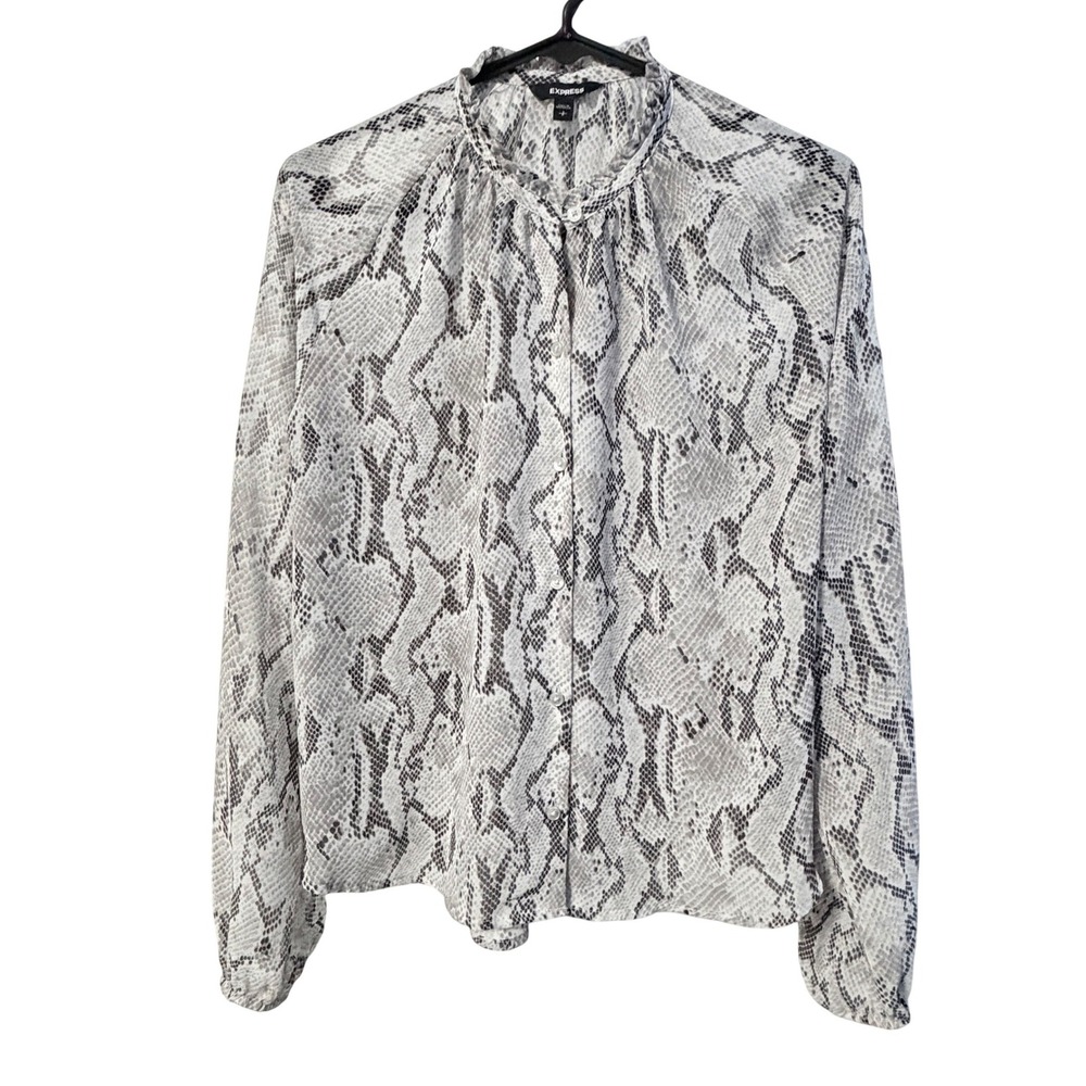Express Blouse Womens Small Grey Snakeskin Ruffle Neck